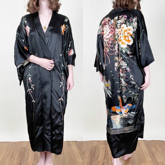 Antique Vintage Silk Kimono Robe Duster Cardigan House Coat Handmade Embroidered - Picture 13 of 13